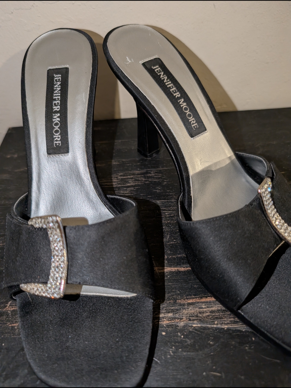 Jennifer Moore Black Satin High Heel Mule with Rhinestone Buckle